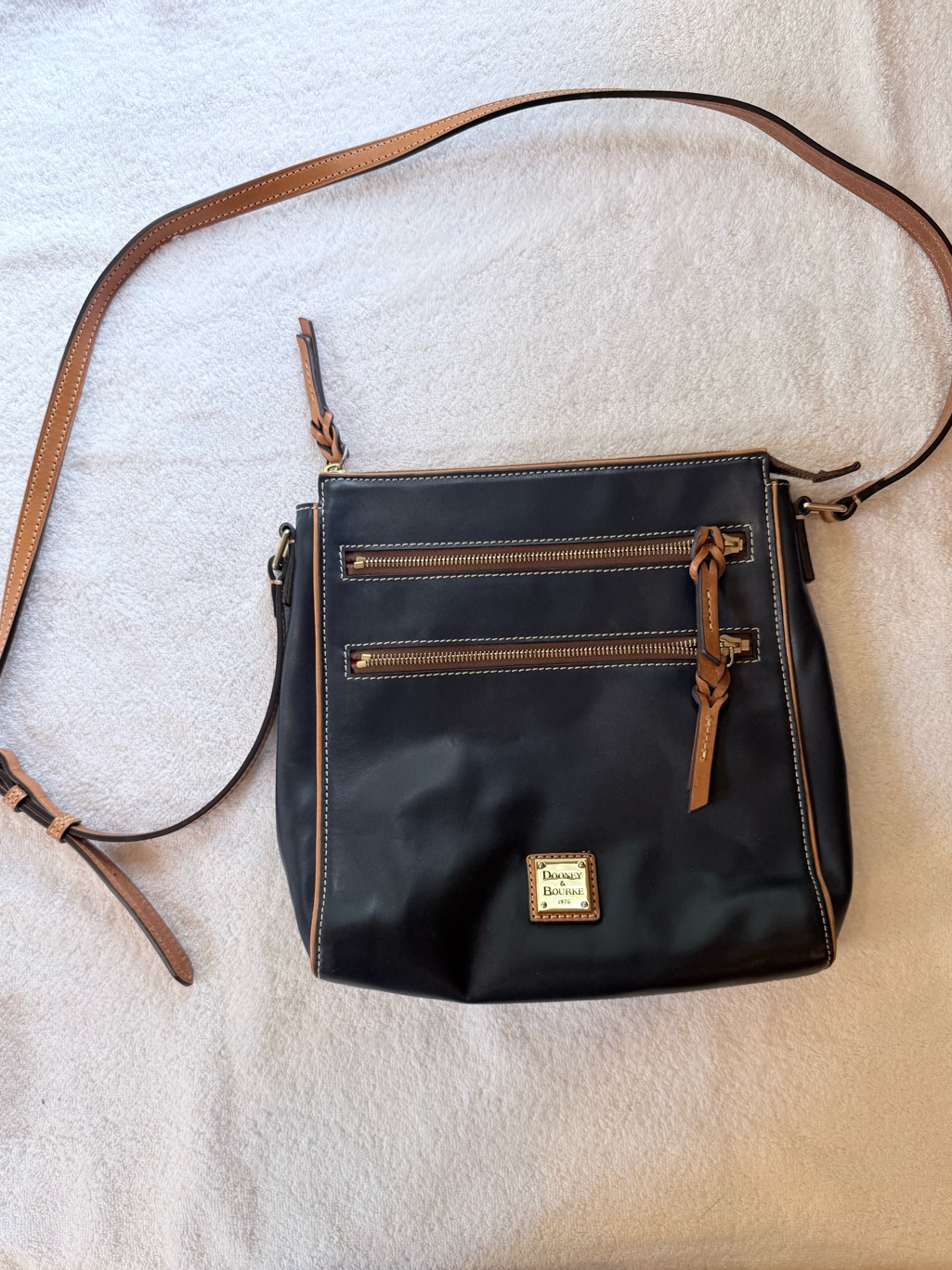 Dooney & Bourke Deep Navy Blue Crossbody With Brown Trim And Gold Hardware